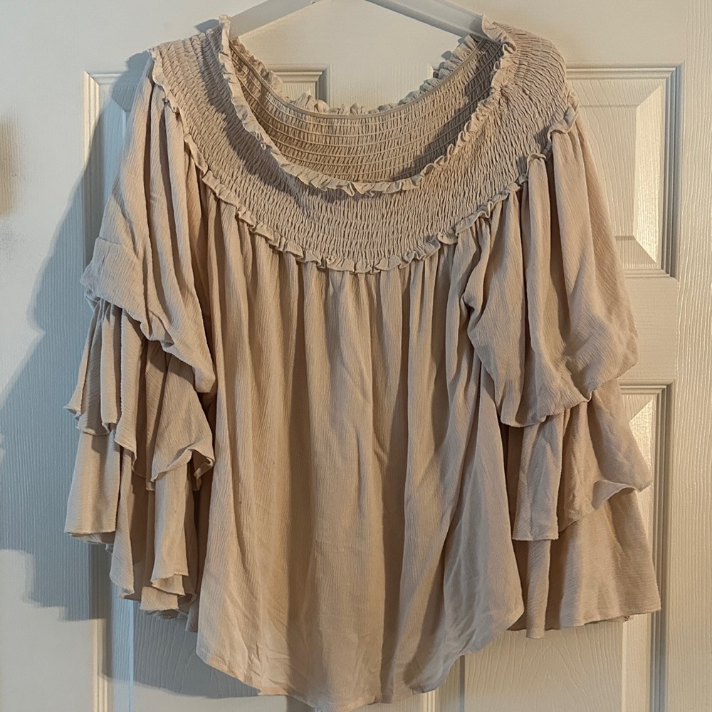 easel Cream Smocked Ruffle Off-Shoulder Blouse